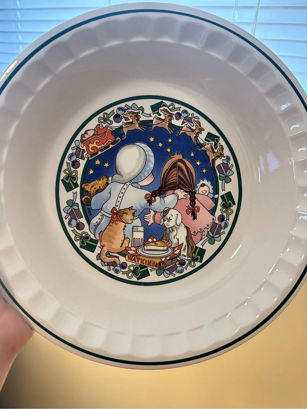 WATKINS Vintage 1989 Country Kids Christmas Wish Recipe Pie Plate 5 or 5 10.5"